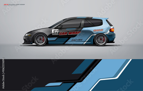 Racing Car branding with racing wrap decal or livery design. Abstract racing graphics blue black ang white with backround. Editable vector template