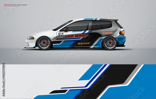 Racing Car branding mockup with racing wrap decal or livery design, Hatchback wrap design with blue black grey background. Hatchback and sedan vector ready print printable file