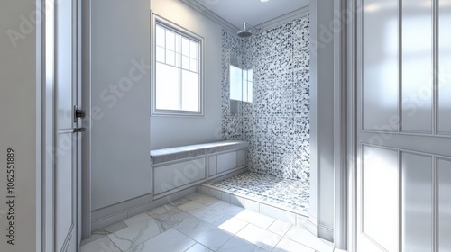 A bathroom with a bench and a shower