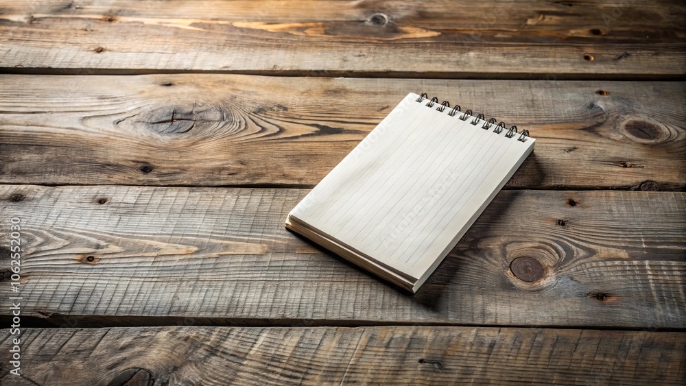 Fototapeta premium A Blank Spiral Bound Notebook Rests on a Weathered Wooden Surface, Ready to Capture Ideas and Thoughts