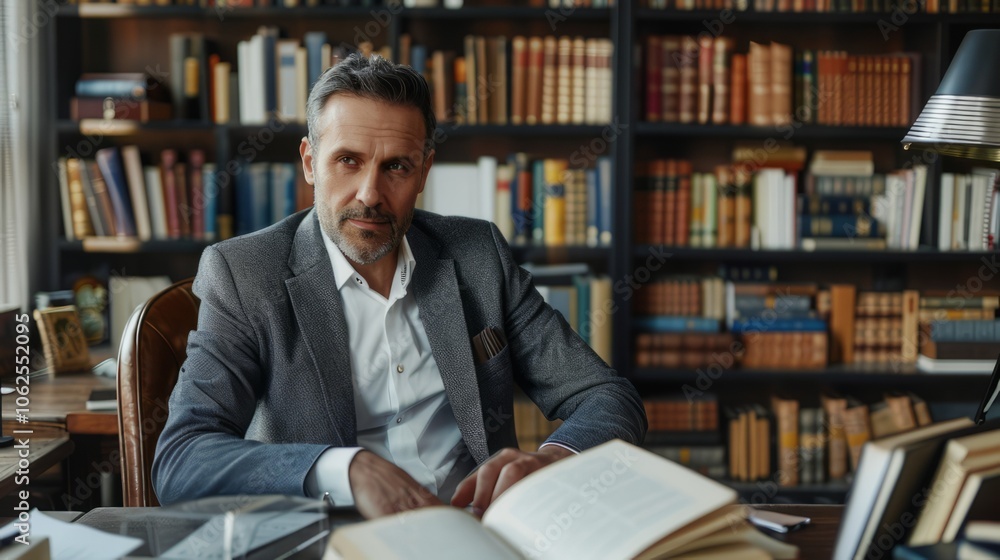 A person wearing a neat suit is sitting in a room full of books. A person wearing a neat suit is sitting in a room full of books.