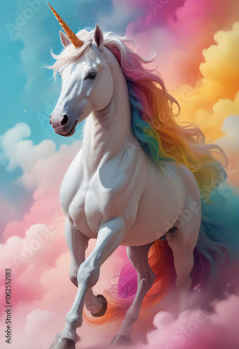 Majestic unicorn with rainbow mane prancing gracefully on a soft pink background