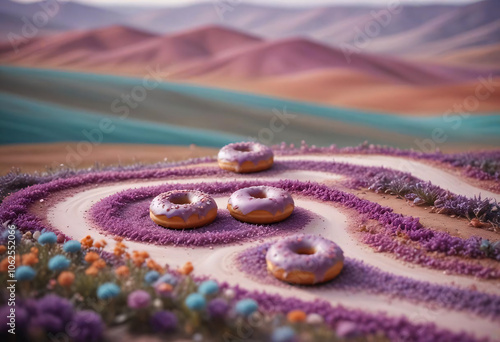 Miniature landscape, advertising photography, doughnuts made of flowers, surreal art, masterpiece, soft purple tones, professional surreal composition, gradient background
