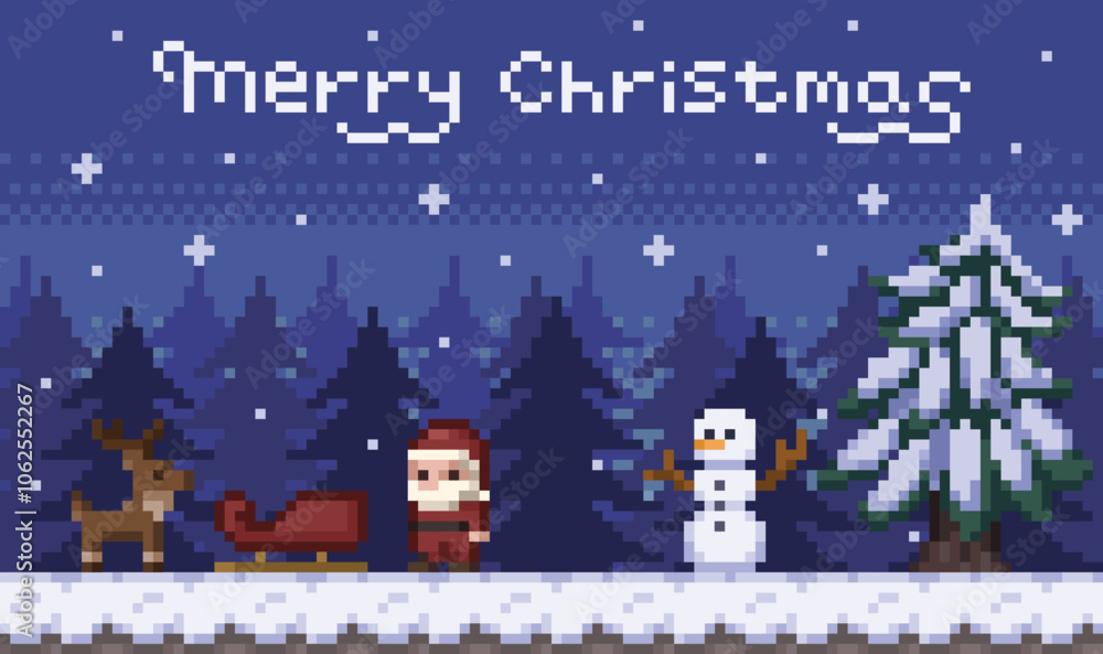 クリスマスの夜、雪が降る森に佇むサンタクロースとトナカイ、雪だるまのドット絵イラスト クリスマスの夜、雪が降る森に佇むサンタクロースとトナカイ、雪だるまのドット絵イラスト