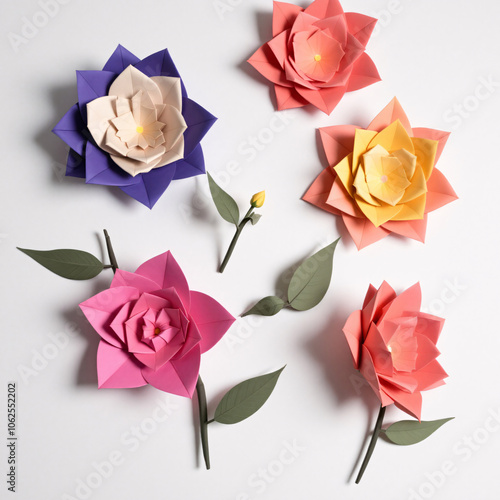 minimalist paper art flowers, vibrant colors, on a white solid background