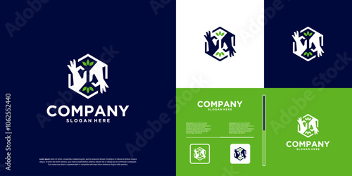 Human hand care and leaf of life logo, charity, vector graphic template.