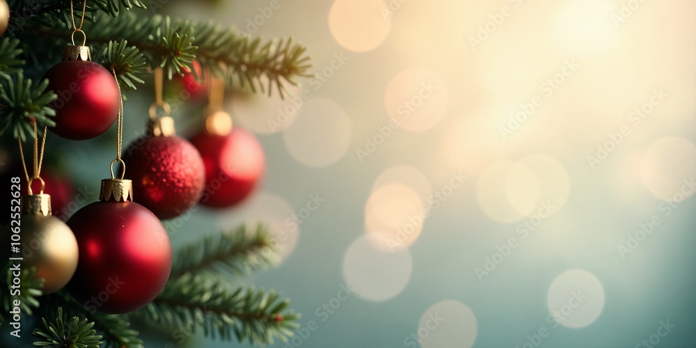 Christmas baubles in red and gold hanging from a tree on the left, with a blurred pastel background fading on the right for placing holiday greetings. Christmas baubles in red and gold hanging from a tree on the left, with a blurred pastel background fading on the right for placing holiday greetings.