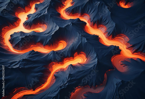 Top aerial view, fluid landscape, morning light, orange lights