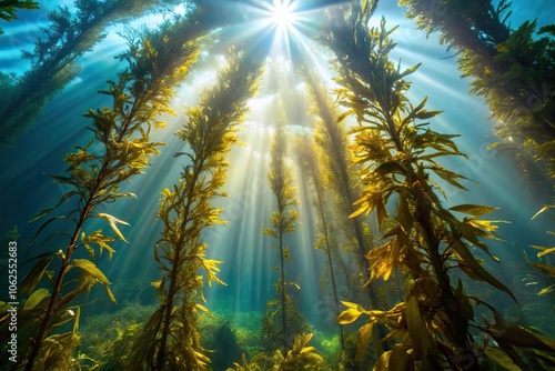 Wide angle view of sun rays filtering through Macrocystis kelp forest photo