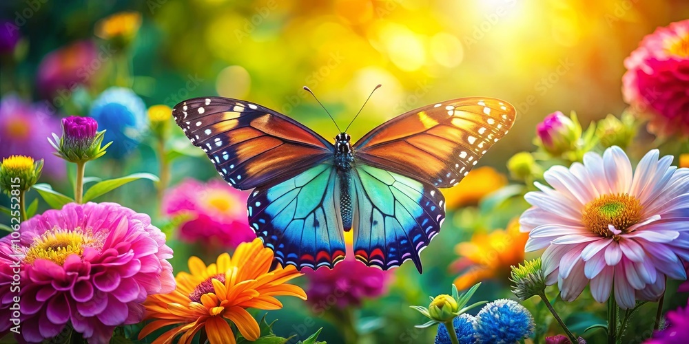 A Vibrant Butterfly Soars Through a Field of Colorful Blooms, Bathed in the Warm Glow of Sunlight A Vibrant Butterfly Soars Through a Field of Colorful Blooms, Bathed in the Warm Glow of Sunlight