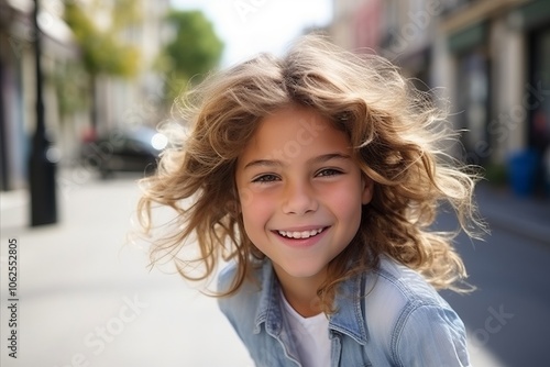 Close up portrait of a cute little girl with curly hair in the city