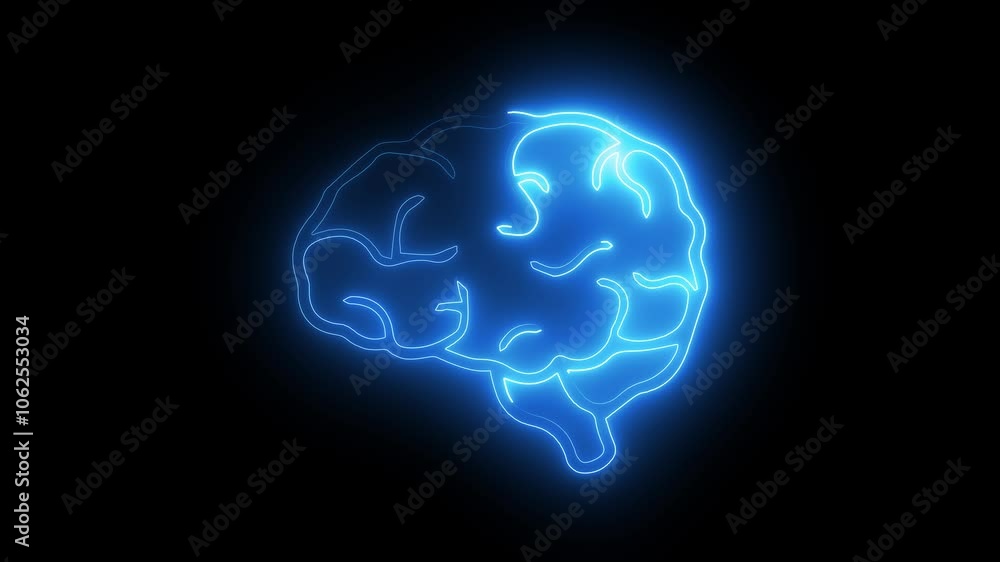 glowing neon human brain icon animation on black background. human brain with neon light running, Technology background. glowing neon human brain icon animation on black background. human brain with neon light running, Technology background.