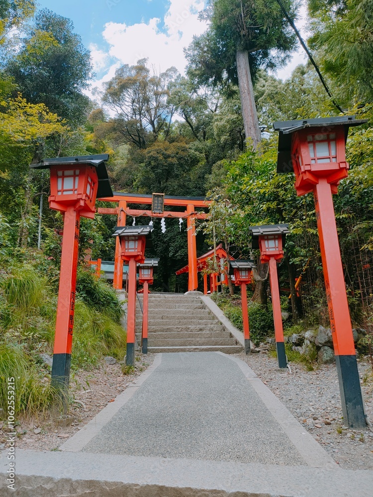 A serene pathway adorned with striking red lanterns leading to a traditional Japanese shrine, surrounded by dense greenery and a peaceful ambiance. A serene pathway adorned with striking red lanterns leading to a traditional Japanese shrine, surrounded by dense greenery and a peaceful ambiance.