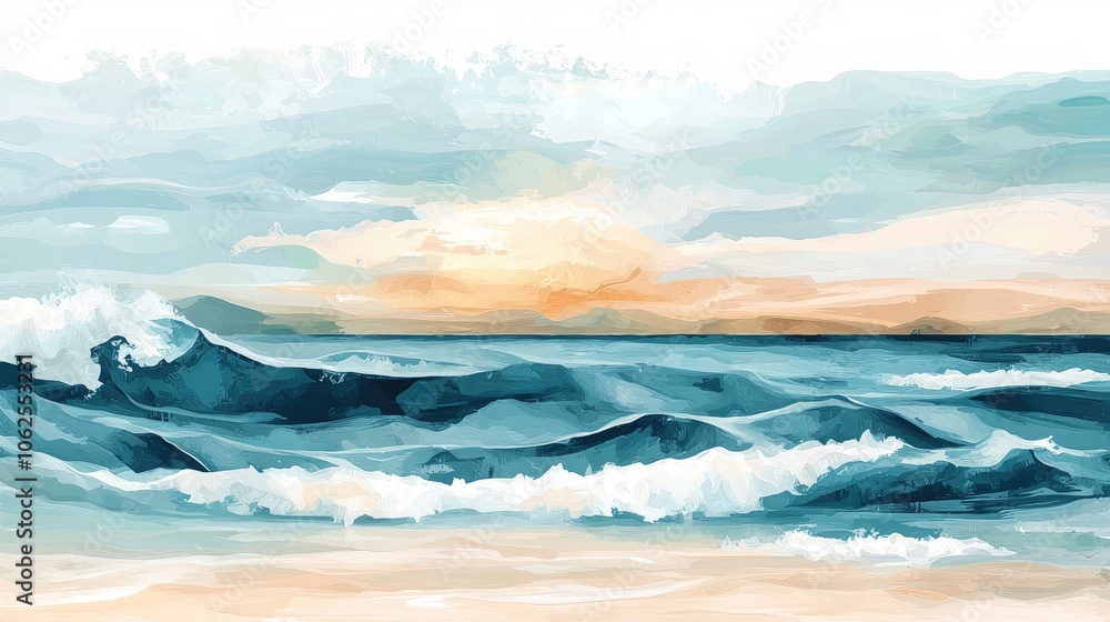 Fototapeta premium Abstract Painting of a Beach and Ocean with Sunset
