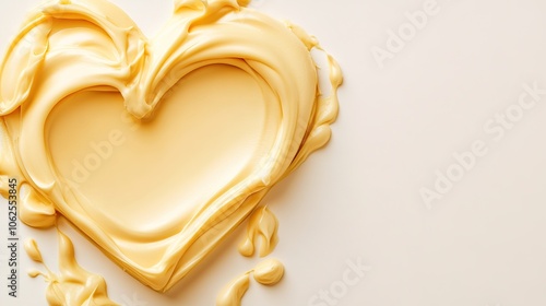 A top view of cream shaped like a heart on a white background. This delightful composition captures the smooth, silky texture of the cream, emphasizing its heart shape that symbolizes love