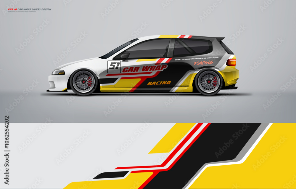 Racing Car branding with racing wrap decal or livery design. Abstract racing graphics white yellow and black with backround. Editable vector template Racing Car branding with racing wrap decal or livery design. Abstract racing graphics white yellow and black with backround. Editable vector template