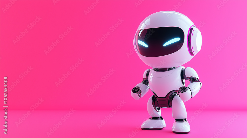 Fototapeta premium White robot standing on pink background with hands on hips