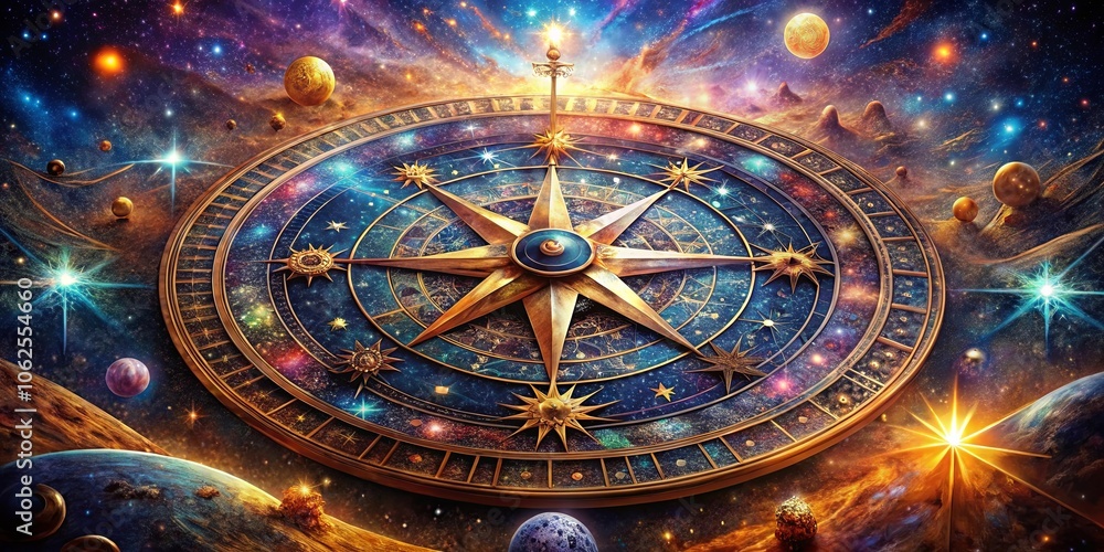 Obraz premium A celestial compass, adorned with intricate details, guides through a vast cosmic expanse, where planets and stars shimmer in a symphony of color.