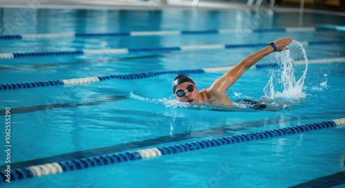 Young man swims freestyle in indoor pool
