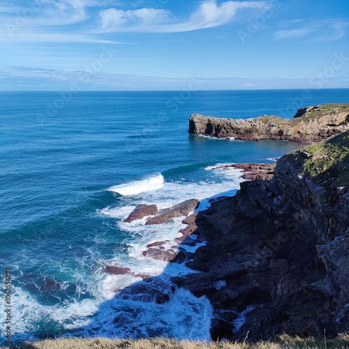 A breathtaking view of rocky cliffs meeting the blue ocean waves, under a clear sky with wispy clouds, capturing the serenity of coastal nature and landscape.
