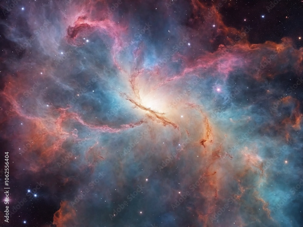 Naklejka premium Bright Nebula Surrounded by Colorful Cosmic Clouds in Deep Space 