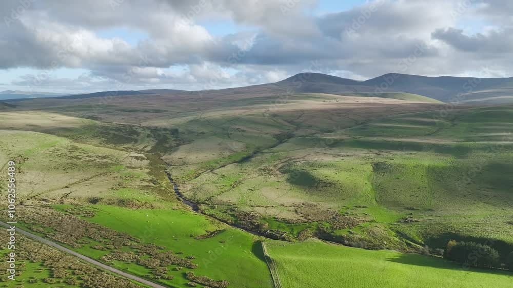 Farms over Black Mountain from a drone, Brecon Beacons National Park, Carmarthenshire, Wales, England Farms over Black Mountain from a drone, Brecon Beacons National Park, Carmarthenshire, Wales, England