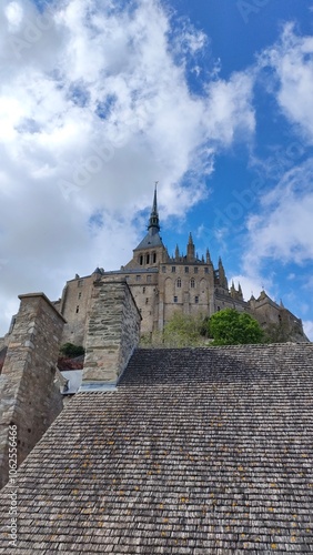 A majestic castle stands atop a hill, with a cloudy sky providing a dramatic backdrop. The intricate architecture reflects historical grandeur and medieval style.