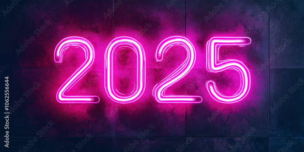 Bright pink neon sign showing the year 2025 on a dark wall Bright pink neon sign showing the year 2025 on a dark wall