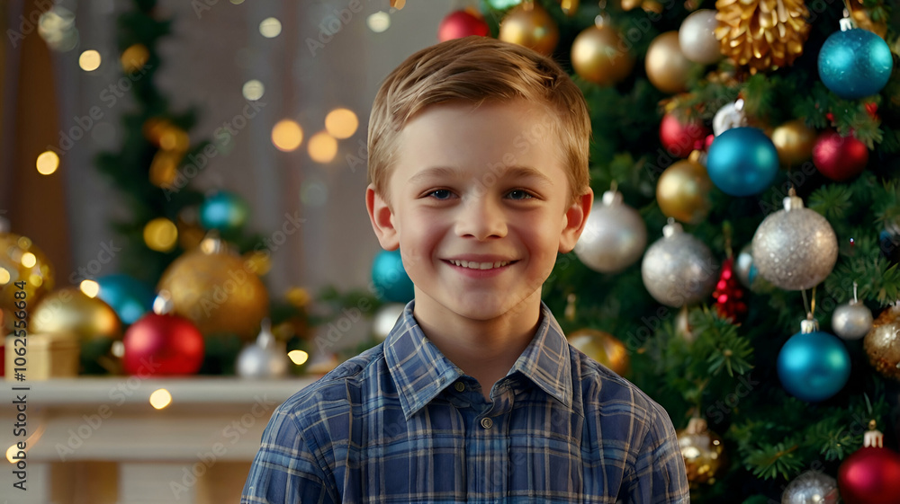 Little boy stands against the backdrop of decorated Christmas tree. happy child stands at Christmas tree decorated with bright decorations during holiday season, smiling sweetly,
Little boy stands against the backdrop of decorated Christmas tree. happy child stands at Christmas tree decorated with bright decorations during holiday season, smiling sweetly,