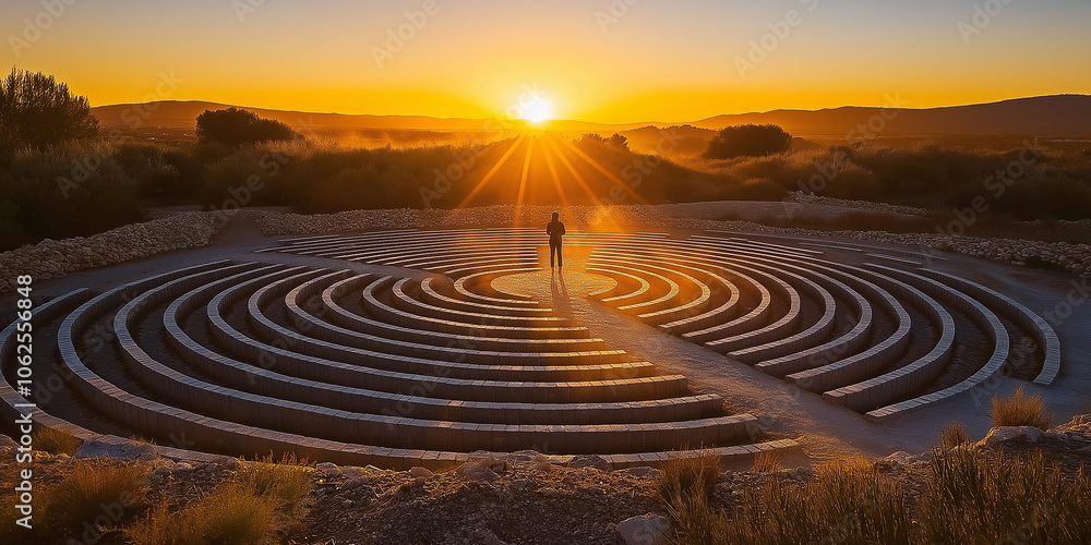 Tourist enjoying sunset at the tip of the horn labyrinth in biokovo nature park, croatia Tourist enjoying sunset at the tip of the horn labyrinth in biokovo nature park, croatia