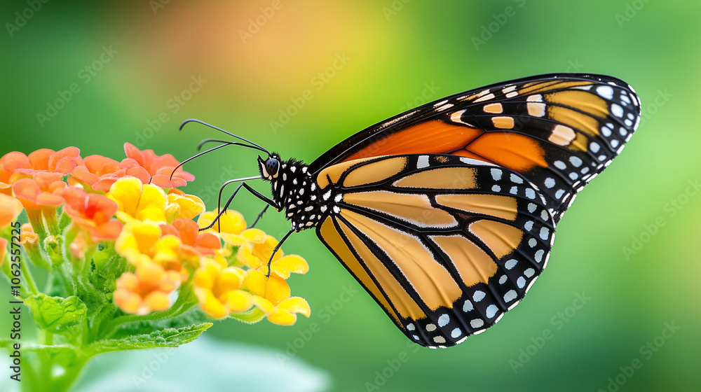 Macro photograph of a butterfly perched on a colorful flower. Macro photograph of a butterfly perched on a colorful flower.