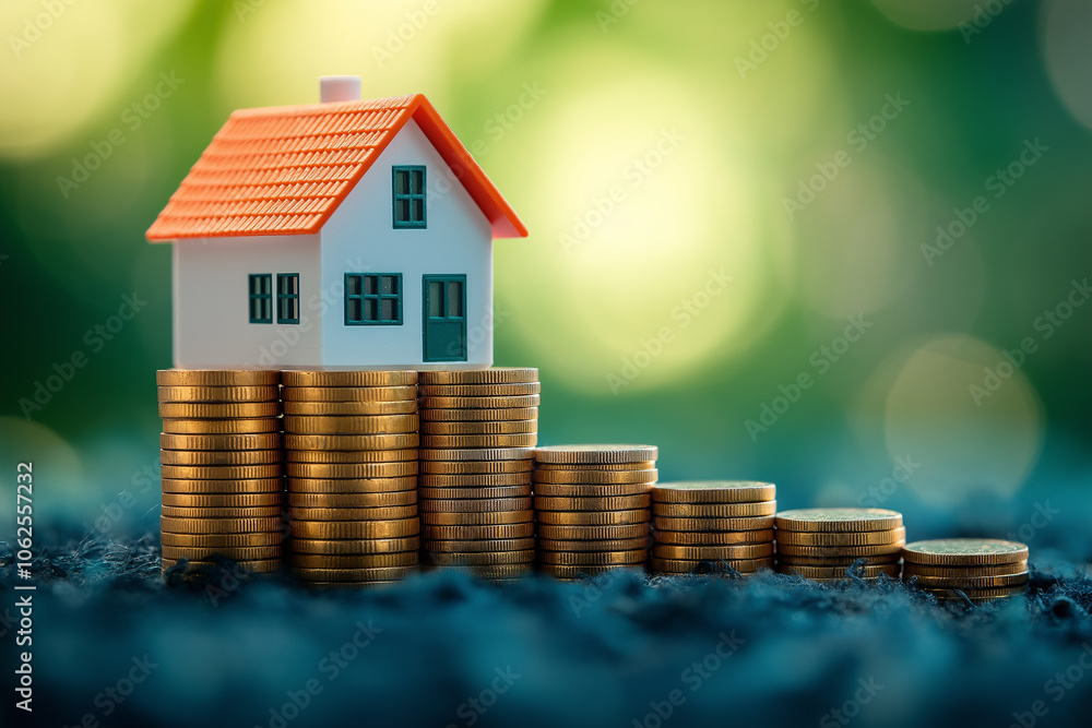 A small white house with a red roof sits atop a stack of gold coins feeling of prosperity and wealth, concept of financial stability and homeownership. A small white house with a red roof sits atop a stack of gold coins feeling of prosperity and wealth, concept of financial stability and homeownership.