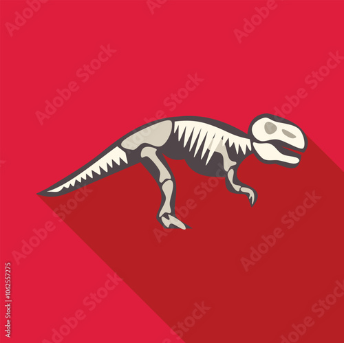 Side view of complete dinosaur skeleton walking on red background, paleontology and prehistoric life concept