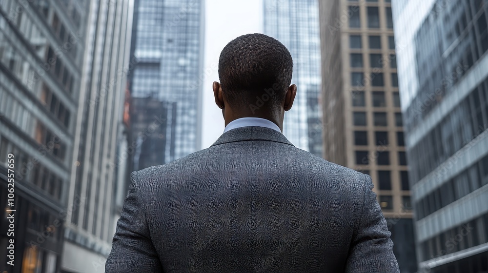 Back view of an African-American businessman in a formal suit against the backdrop of skyscrapers in the business district of the city. Success and prosperity. Hard work in finance. Back view of an African-American businessman in a formal suit against the backdrop of skyscrapers in the business district of the city. Success and prosperity. Hard work in finance.