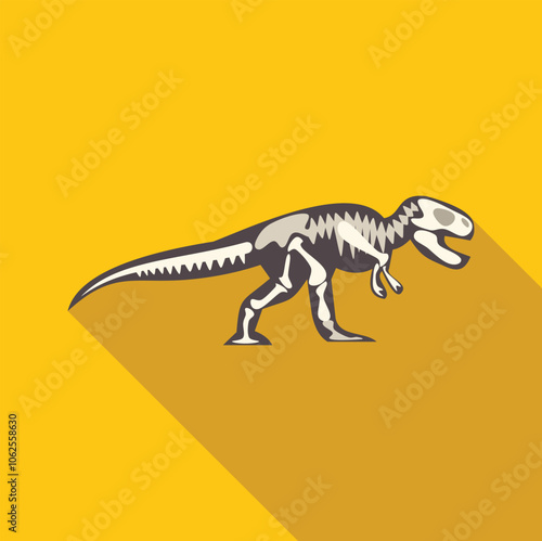 Side view of a tyrannosaurus rex skeleton walking, depicted on a vibrant yellow background