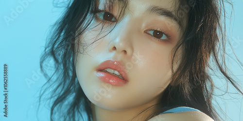 Beautiful korean model posing with wet hair and glossy lips makeup for beauty campaign photo