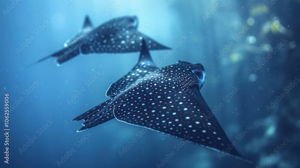 Naklejka premium Two stingrays swimming underwater amidst coral and other marine life.