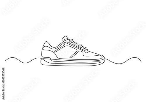 Shoes continuous one line drawing. Sports shoes in a line style. Sneakers isolated on white background. Good for man or woman. Fashionable and casual. Vector minimalistic vector illustration