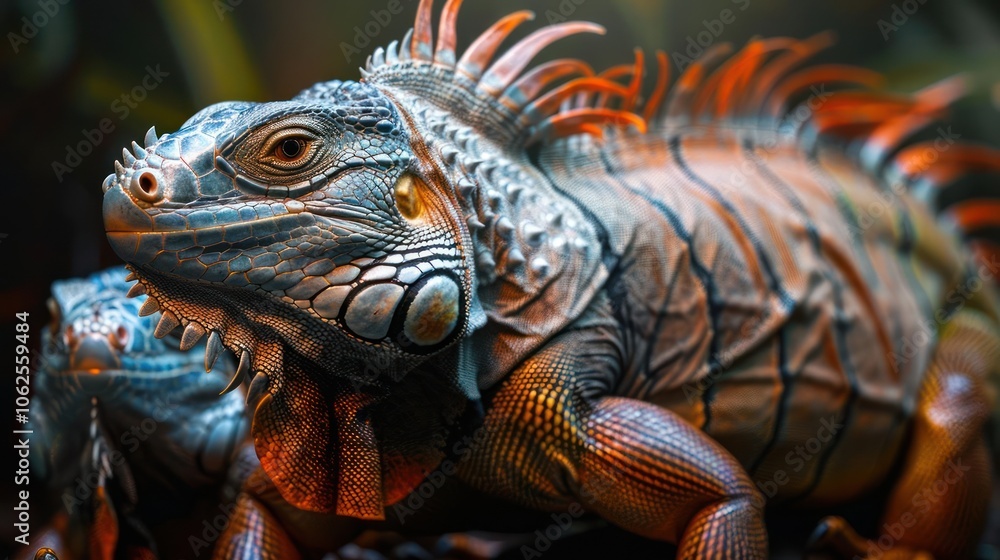 Fototapeta premium A close-up image of a blue and brown iguana with red markings, looking at the camera.