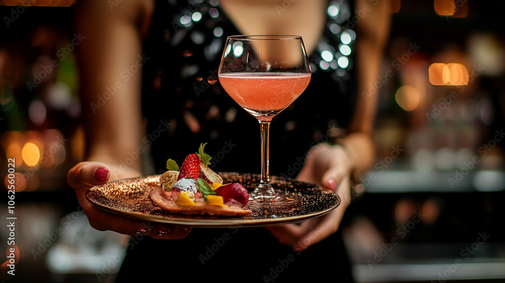 Elegant cocktail and dessert selection served in a stylish setting during an evening gathering Elegant cocktail and dessert selection served in a stylish setting during an evening gathering
