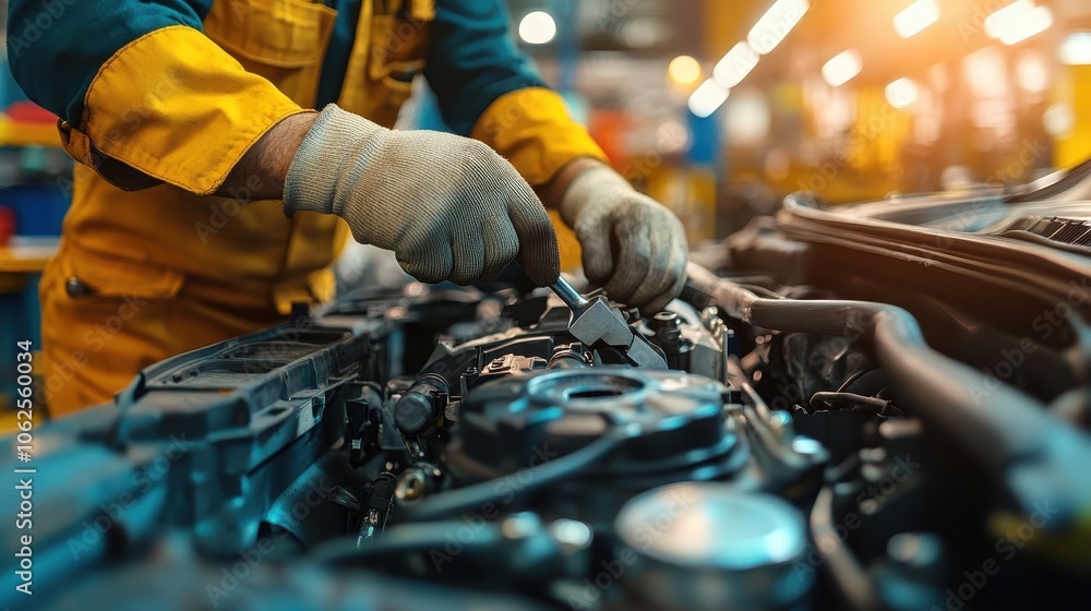 Automobile mechanic repairman hands repairing a car engine automotive workshop with a wrench. Copy space. Generative AI. Automobile mechanic repairman hands repairing a car engine automotive workshop with a wrench. Copy space. Generative AI.