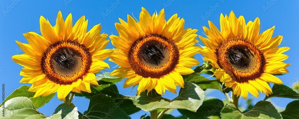 A vibrant trio of sunflowers stands tall against a clear blue sky, showcasing their bright yellow petals and rich brown centers in full bloom. A vibrant trio of sunflowers stands tall against a clear blue sky, showcasing their bright yellow petals and rich brown centers in full bloom.