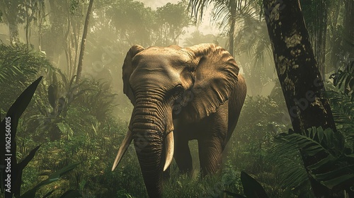 Majestic elephant traversing a misty rainforest, its wrinkled skin and enormous form captured in sharp detail, conveying both strength and calm. Sunlight filters gently through the lush canopy, 