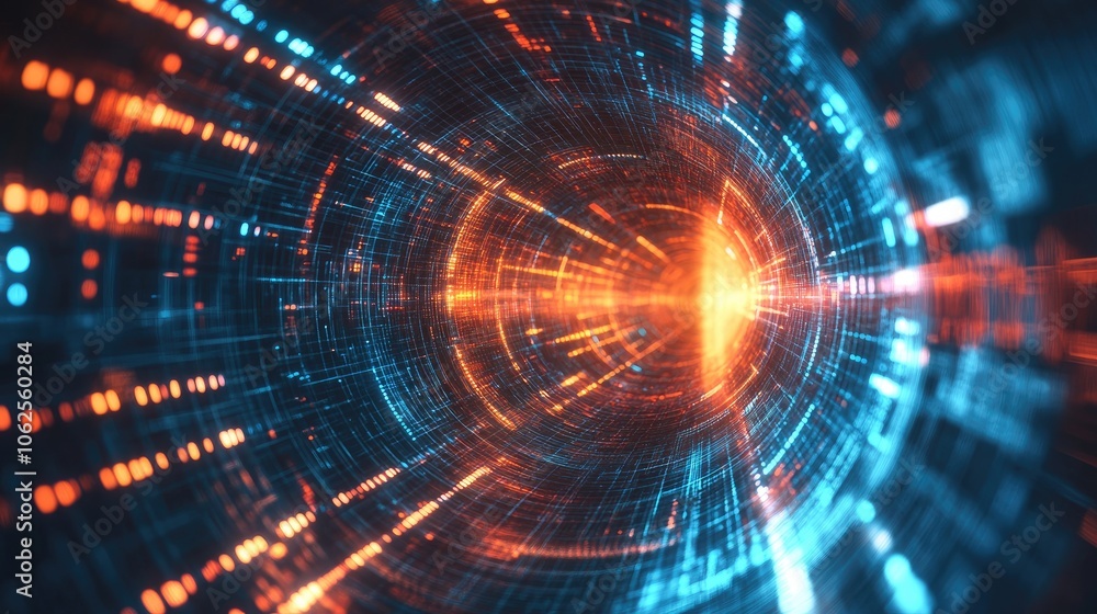 Abstract digital tunnel with blue and orange lights Abstract digital tunnel with blue and orange lights