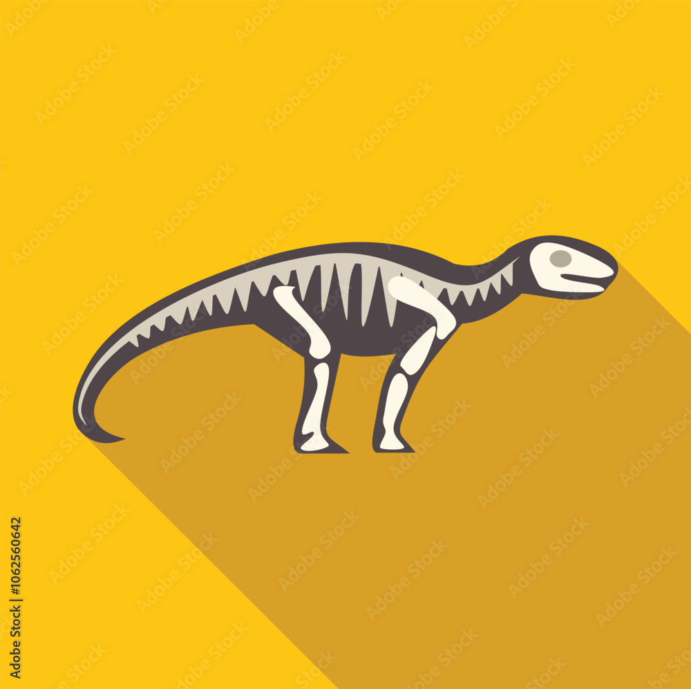 Fototapeta premium Dinosaur skeleton standing on a yellow background, casting a long shadow, perfect for educational or prehistoric themed projects