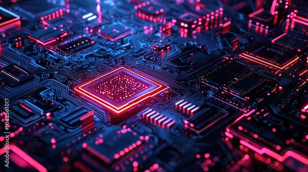 Close-up of a computer motherboard with glowing red circuits and a central processor chip Close-up of a computer motherboard with glowing red circuits and a central processor chip