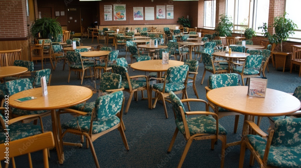 Cozy Indoor Café with Green Chairs and Tables Cozy Indoor Café with Green Chairs and Tables