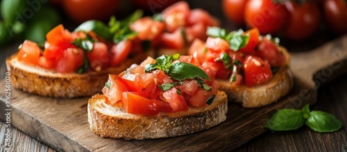 Close-up of three bruschetta with chopped tomatoes and basil on a wooden board.