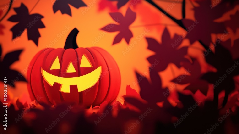 A cheerful carved pumpkin glows with a toothy grin against warm orange hues and vibrant autumn leaves, creating a cozy Halloween atmosphere for seasonal marketing and design. A cheerful carved pumpkin glows with a toothy grin against warm orange hues and vibrant autumn leaves, creating a cozy Halloween atmosphere for seasonal marketing and design.