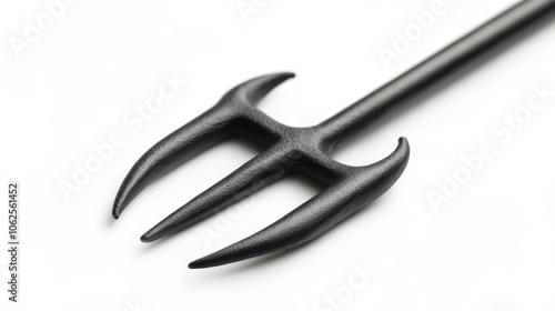 A close-up of a black trident highlights its sharp prongs and smooth handle against a white background, showcasing its sleek design. Ideal for mythological or aquatic themes. photo